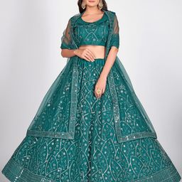 SHOPGARB Teal & Silver-Toned Semi-Stitched Lehenga & Unstitched Blouse With Dupatta-image-10