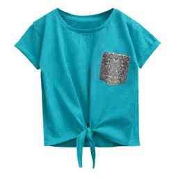 A.T.U.N. Girls Teal Sequined Knotted Pure Cotton Top-picture-53