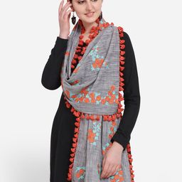 MESMORA FASHION Women Grey & Orange Embroidered Pom Pom Detail Pure Cotton Dupatta-picture-55
