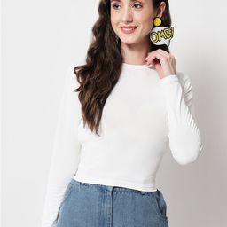 angloindu White Solid High Neck Long Sleeve Crop Top-image-75