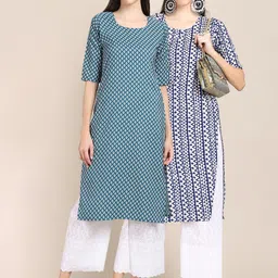 KALINI Women Pack Of 2 Blue & White Ethnic Motifs Printed Crepe Kurta-image-88