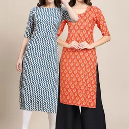 KALINI Women Pack of 2 Orange & Blue Geometric Printed Crepe Kurtas-picture-11