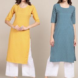 KALINI Women Pack of 2 Yellow & Teal Geometric Striped Summer Sheers Crepe Kurta-image-88