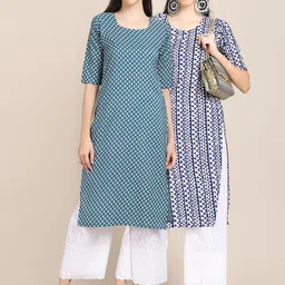 KALINI Women Pack Of 2Sea Green & Navy Blue Geometric Striped Block Print Crepe Kurtas-image-81