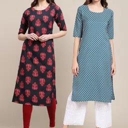 KALINI Women Pack of 2 Black & Blue Ethnic Motifs Striped Crepe Kurta-picture-14
