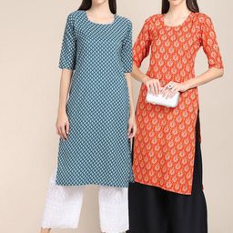 KALINI Women Set Of 2 Teal Blue & Orange Ethnic Motifs Printed Crepe Kurta-16
