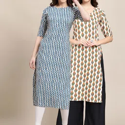 KALINI Women Blue & White  PACK OF 2 Geometric Printed Thread Work Block Print Crepe Kurta-image-99
