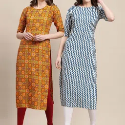 KALINI Women Pack of 2 Mustard Yellow & White Geometric Printed Crepe Kurta-picture-25
