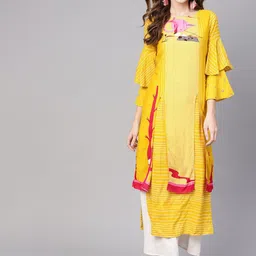 Pannkh Women Yellow Striped Bell Sleeves Double Layered Flamingo Printed Kurta-42