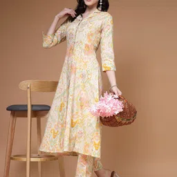 Indibelle Abstract Printed Cuban Collar A-Line Cotton Kurta-54