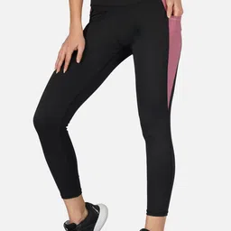 IMPERATIVE Women Black & Purple Colourblocked Slim-Fit Tights-image-3