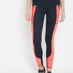 JUMP USA Women Black & Peach Colourblocked Activewear Tights-image-17