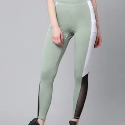 Blinkin Women Green & White High-Rise Colourblocked Gym Tights image 3