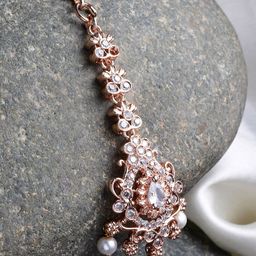 KARATCART Rose Gold-Plated White AD-Studded Maang Tikka-23