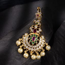 Saraf RS Jewellery Gold-Plated White & Green AD Studded Maang Tikka-image-96