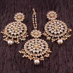 Peora Gold-Plated Traditional Kundan & Pearl Earring with Maang Tikka Jewellery Set-image-65