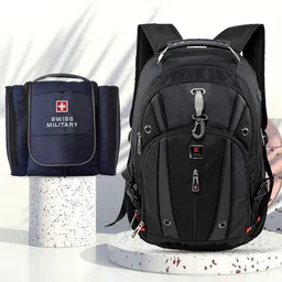 SWISS MILITARY Unisex Black & Blue Brand Logo Backpack with Blue Toiletry Bag-57
