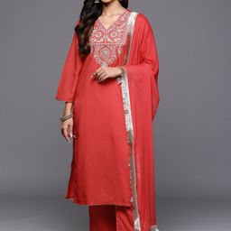 Varanga Floral Yoke Design V-Neck Thread Work Straight Kurta With Trousers & Dupatta-image-35