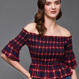 Miss Chase Checked Off-Shoulder Bell Sleeves Bardot Top-42