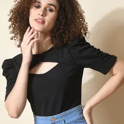 IUGA Round Neck Puff Sleeves Cut Out Top-image-47