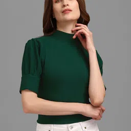 PURVAJA Green Solid High Neck Top-image-55
