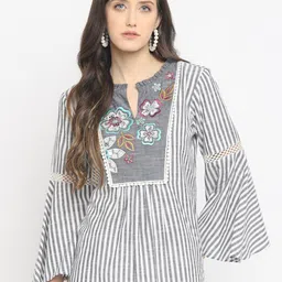 Taurus Grey Striped Keyhole Neck Pure Cotton Top-image-3