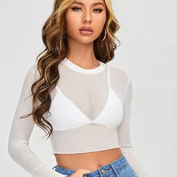 AAHWAN Solid Round Neck Sheer Crop Top-29