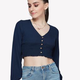 VASTRADO Navy Blue Smocked Crop Top-image-65