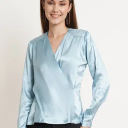 IX IMPRESSION Women Blue Solid Wrap Top-image-1