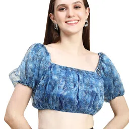 Rujave Floral Print Accordion Pleats Square Neck Puff Sleeves Blouson Crop Top-image-70