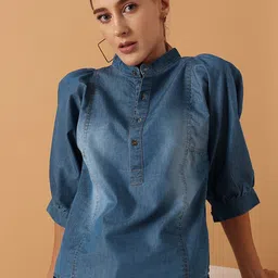 STREET 9 Puff Sleeves Pure Cotton Denim Mandarin Collar Shirt Style Top-picture-34