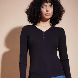 SASSAFRAS BASICS Ribbed V-Neck Fitted Top-image-48