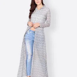 BAESD Print Mandarin Collar Chiffon Maxi Longline Top-image-4
