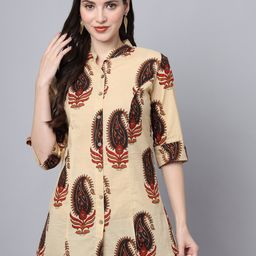 Divena Ethnic Print Mandarin Collar Ethnic Cotton Longline Top-18