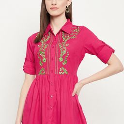 Ruhaans Floral Embroidered Shirt Style Top Longline Top-image-54