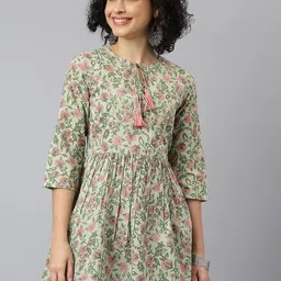 JAIPUR ATTIRE Floral Print Tie-Up Neck Cotton Empire Longline Top-image-3