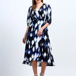NKSA FASHION Geometric Printed V-Neck Cuffed Sleeves Fit & Flare Midi Dress-picture-36