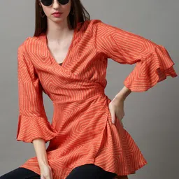 SHOWOFF Orange & White Geometric Print Wrap Longline Top-picture-46