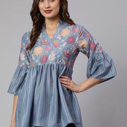 Jaipur Kurti Floral Printed Mandarin Collar Bell Sleeve Empire Longline Top-image-46