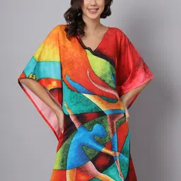 Color Cocktail Abstract Printed V-Neck Kimono Sleeve Kaftan Longline Top-picture-11