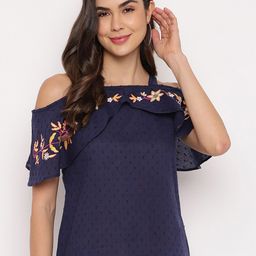 Mayra Floral Embroidered Cold-Shoulder Sleeves Pure Cotton Top-image-47