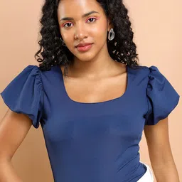 Basics By Tokyo Talkies Navy Blue Puff Sleeves Fitted Top-image-42