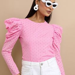 Tokyo Talkies Pink Schiffli Puff Sleeve Crop Top-image-67