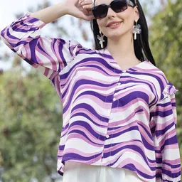 plusS Purple Abstract Printed Mandarin Collar Cuffed Sleeves Ruffles Shirt Style Top-picture-16