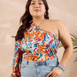 Berrylush Curve Plus Size Abstract Printed One Shoulder Top-56