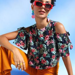 Veni Vidi Vici Navy Blue Floral Printed Cold-Shoulder Tie-Ups Crop Top-picture-40
