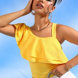 Veni Vidi Vici Yellow One Shoulder Ruffles Crop Top-picture-19