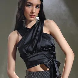 Tokyo Talkies Black Halter Neck Wrap Pleated Satin Crop Top-image-34
