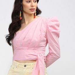 Tokyo Talkies Pink One Shoulder Wrap Crop Top-picture-14
