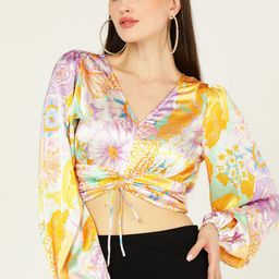 DODO & MOA Yellow Floral Printed V-Neck Bishop Sleeves Cinched Tie-Up Casual Crop Top-image-40